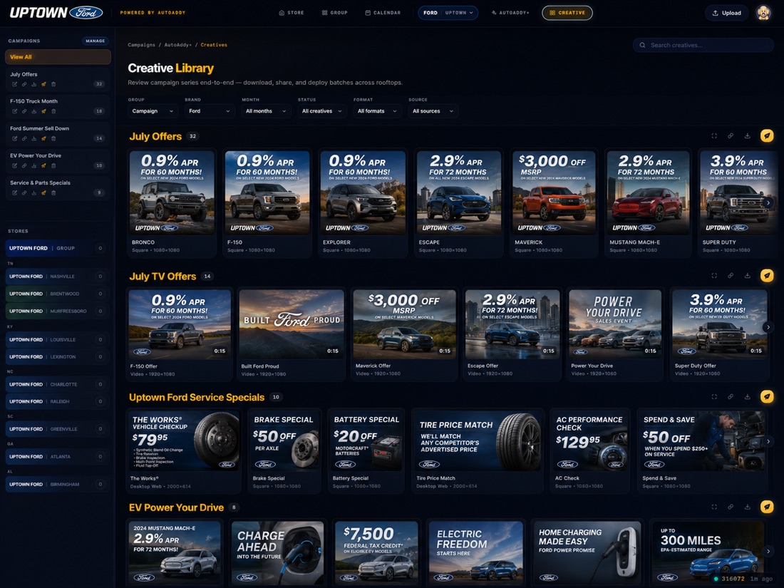 AutoAddy creative library showing organized dealership campaigns