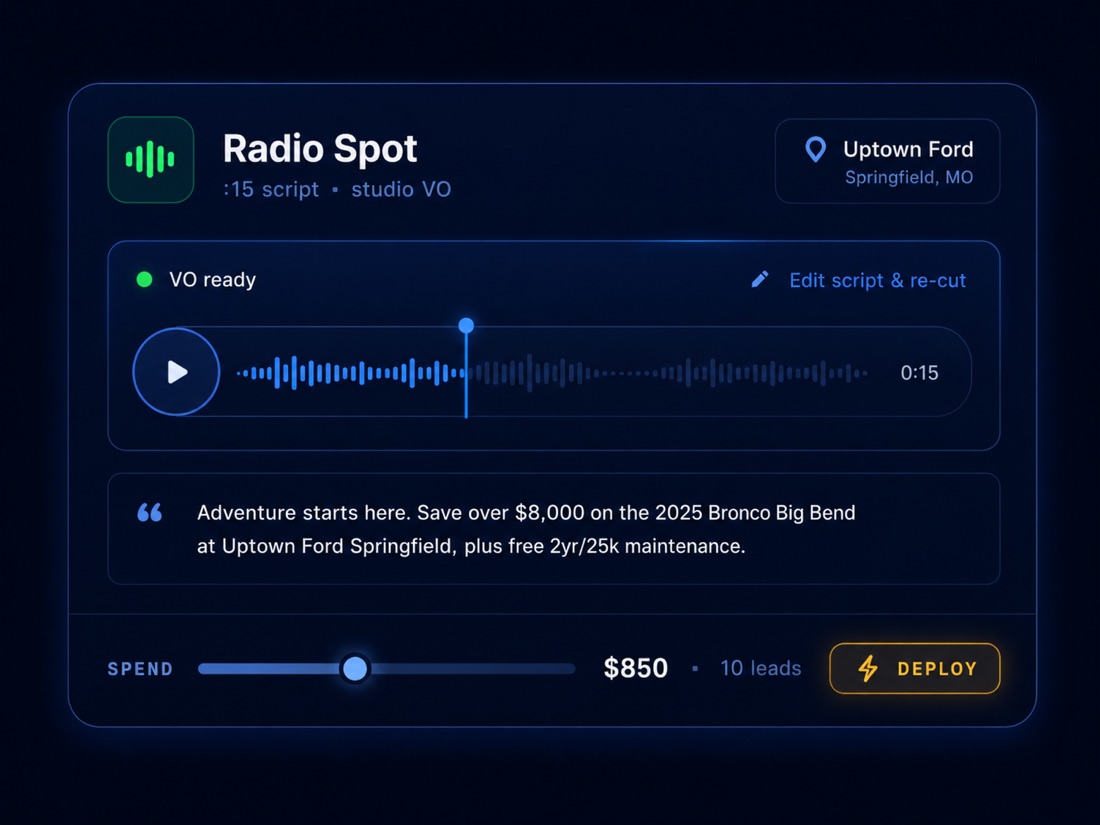 AutoAddy-generated radio spot script and studio voiceover